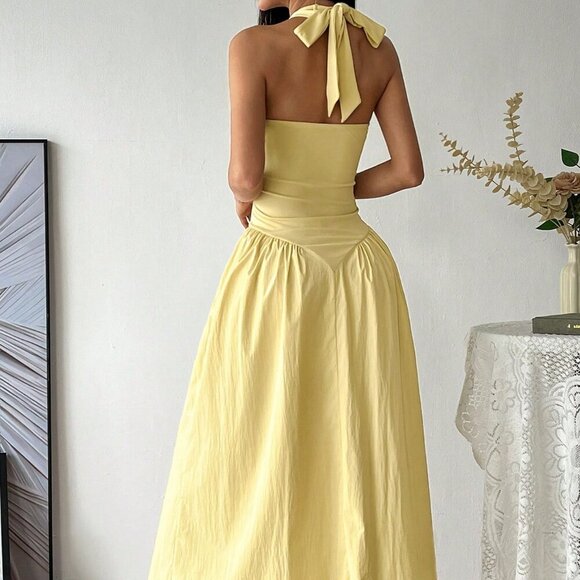 Yellow Casual Women's French Deep V-Neck Backless Tie Waist Pleated Maxi Dress - Picture 2 of 5